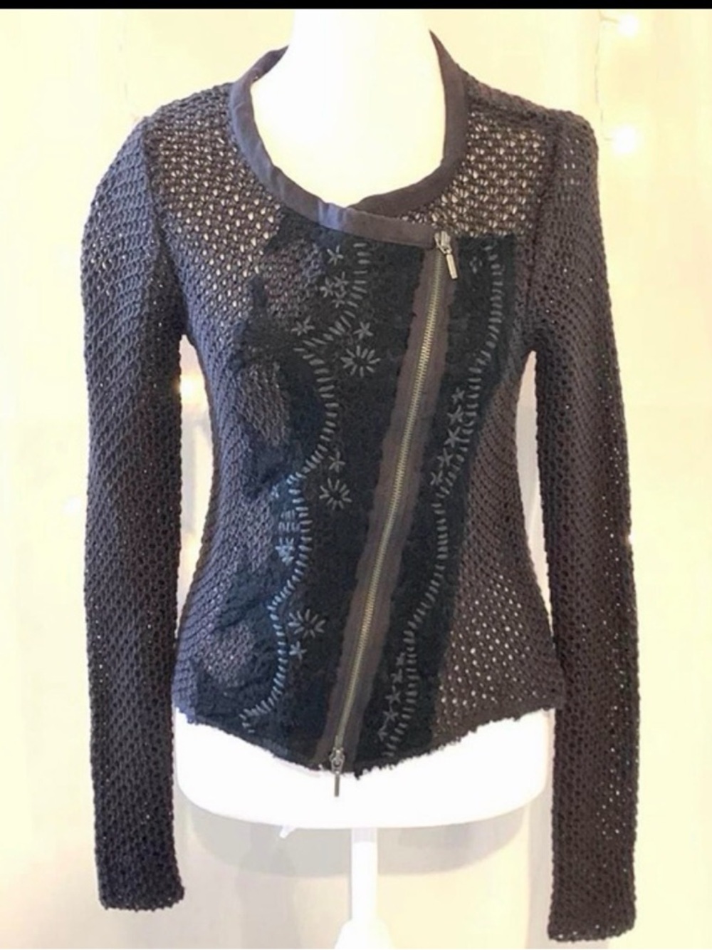 Free People Black Crochet Asymmetrical Zip Crew Sweater